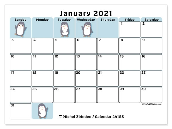 January 2021 Calendars &quot;Sunday - Saturday&quot; - Michel Zbinden En