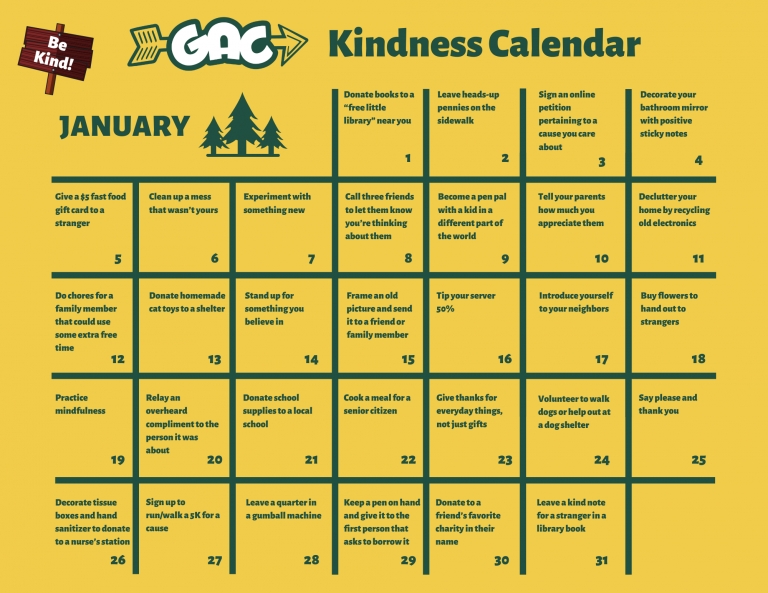 January Kindness Calendar - Gold Arrow Camp - California