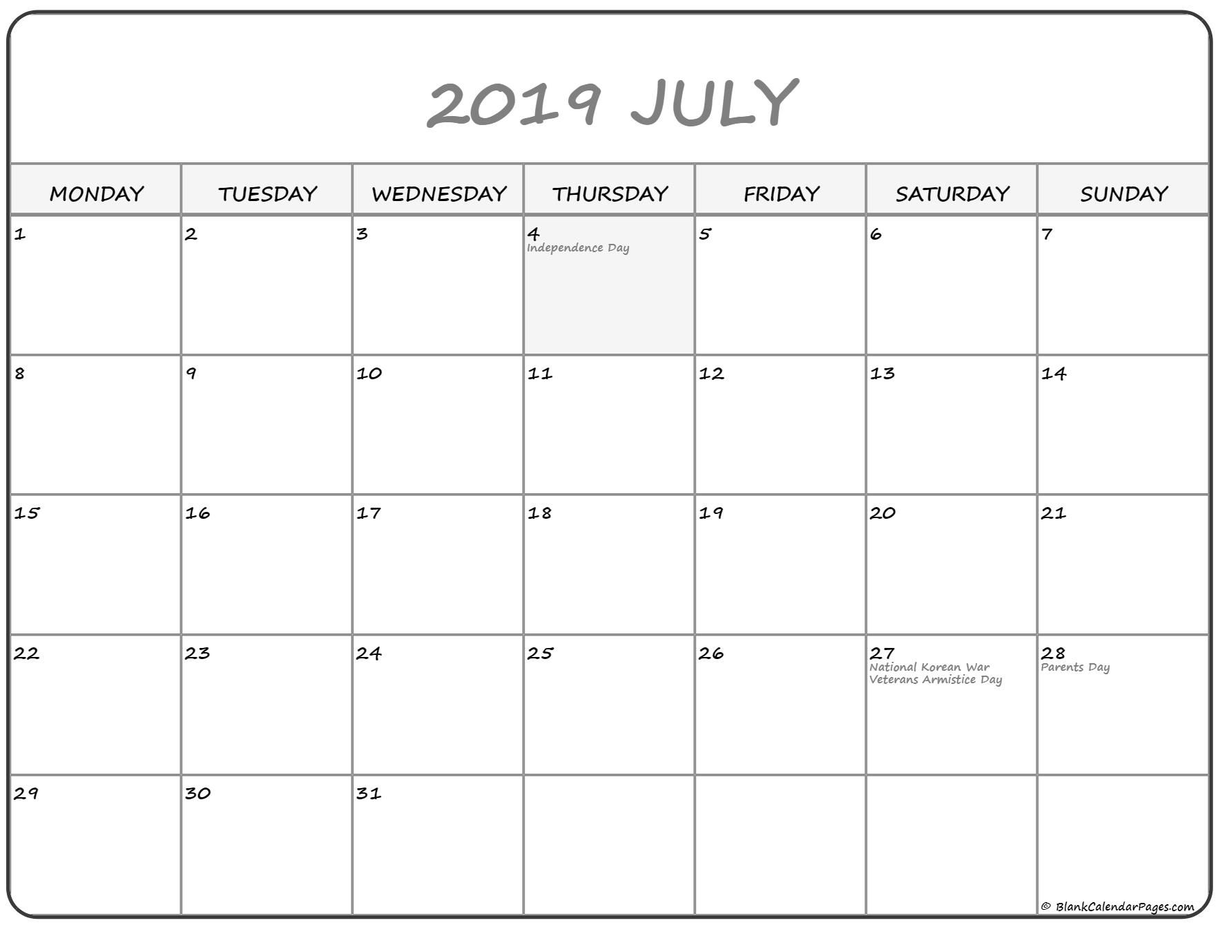 July 2019 Monday Calendar. Monday To Sunday | Calendar