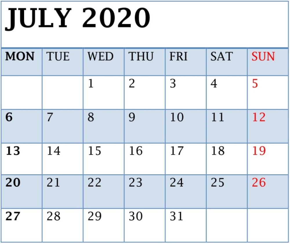 July 2020 Calendar Template Google Sheets Print | 2020