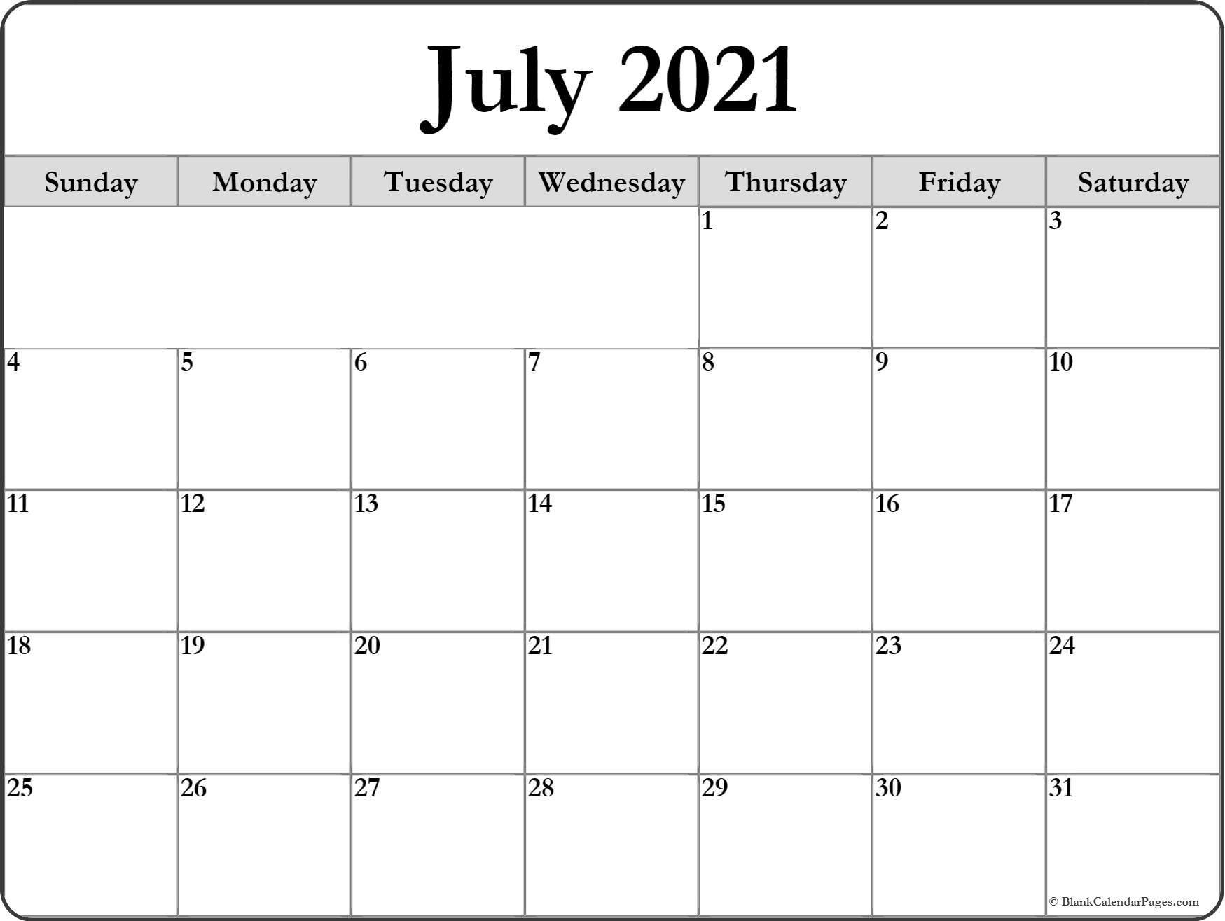 July 2021 Blank Calendar Templates.