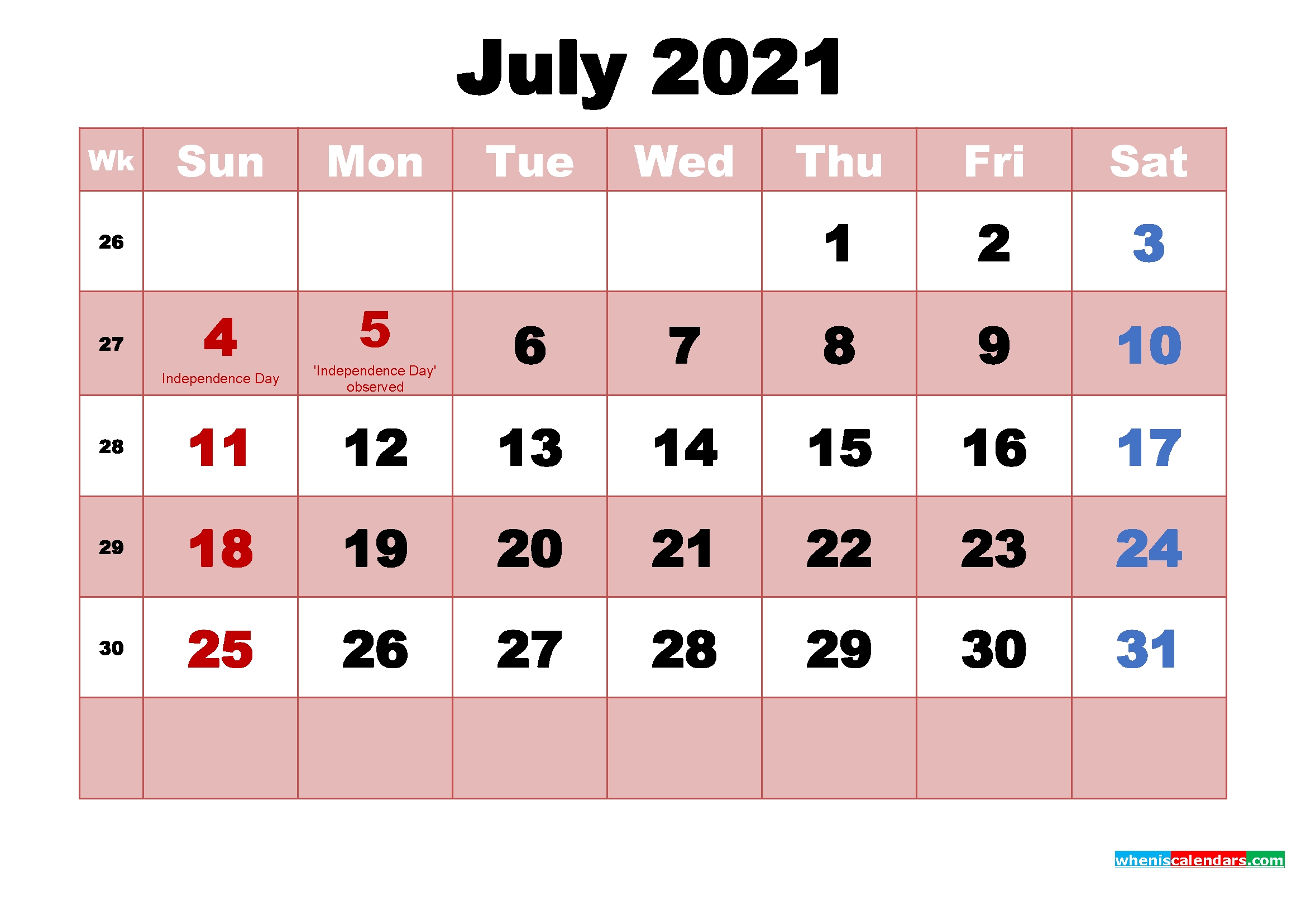 July 2021 Calendar With Holidays Wallpaper