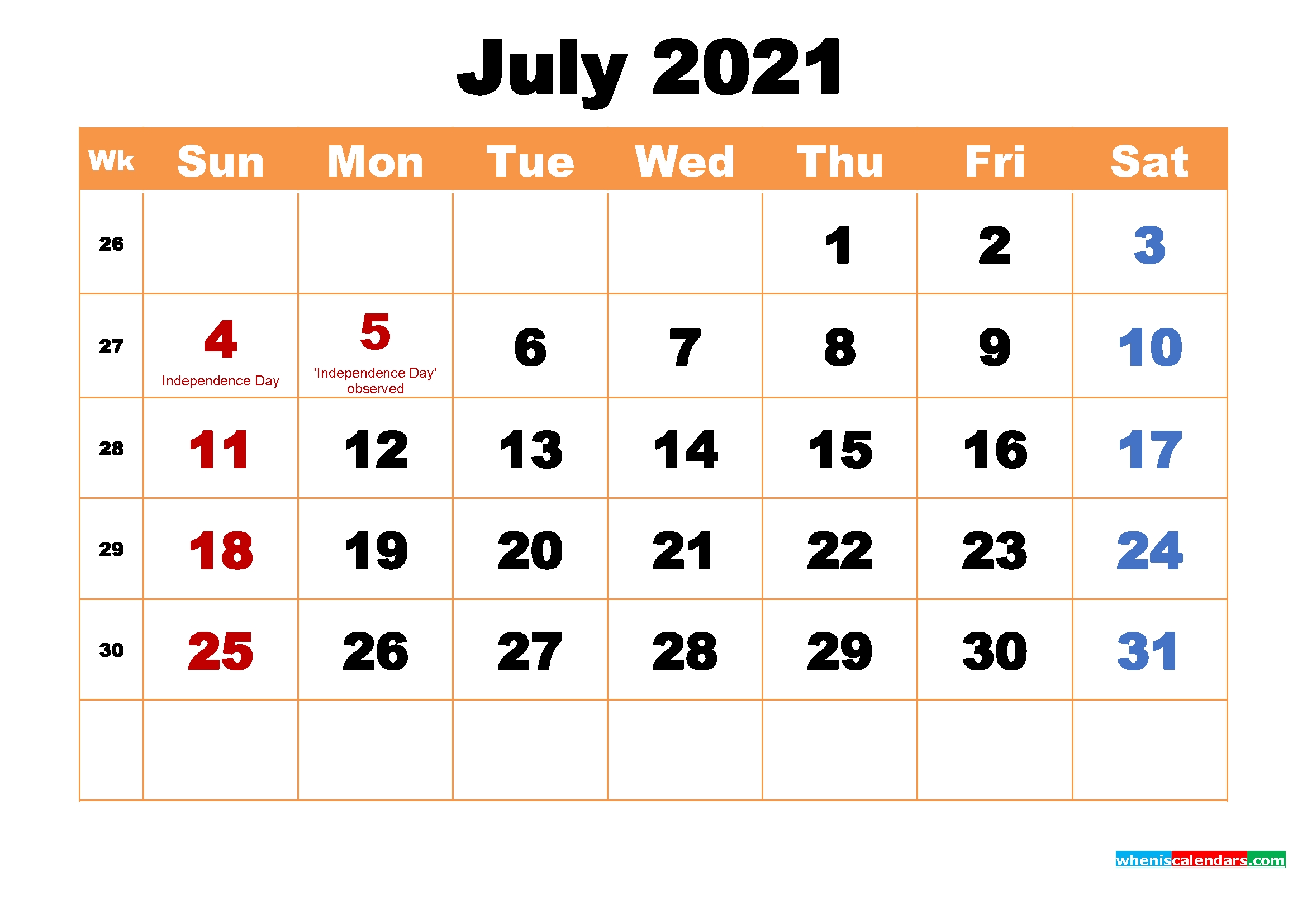 July 2021 Printable Monthly Calendar With Holidays | Free
