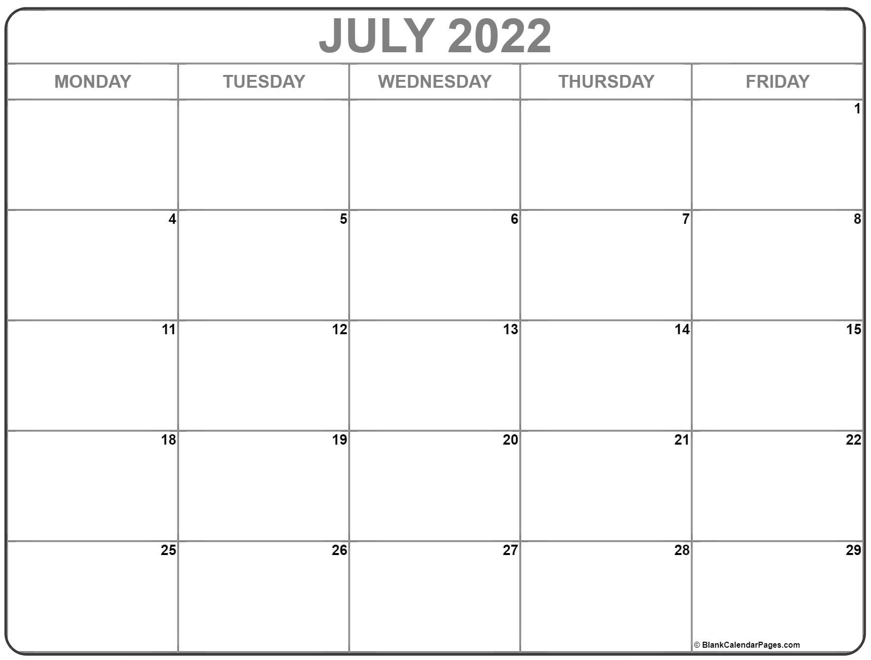 July 2022 Monday Calendar | Monday To Sunday