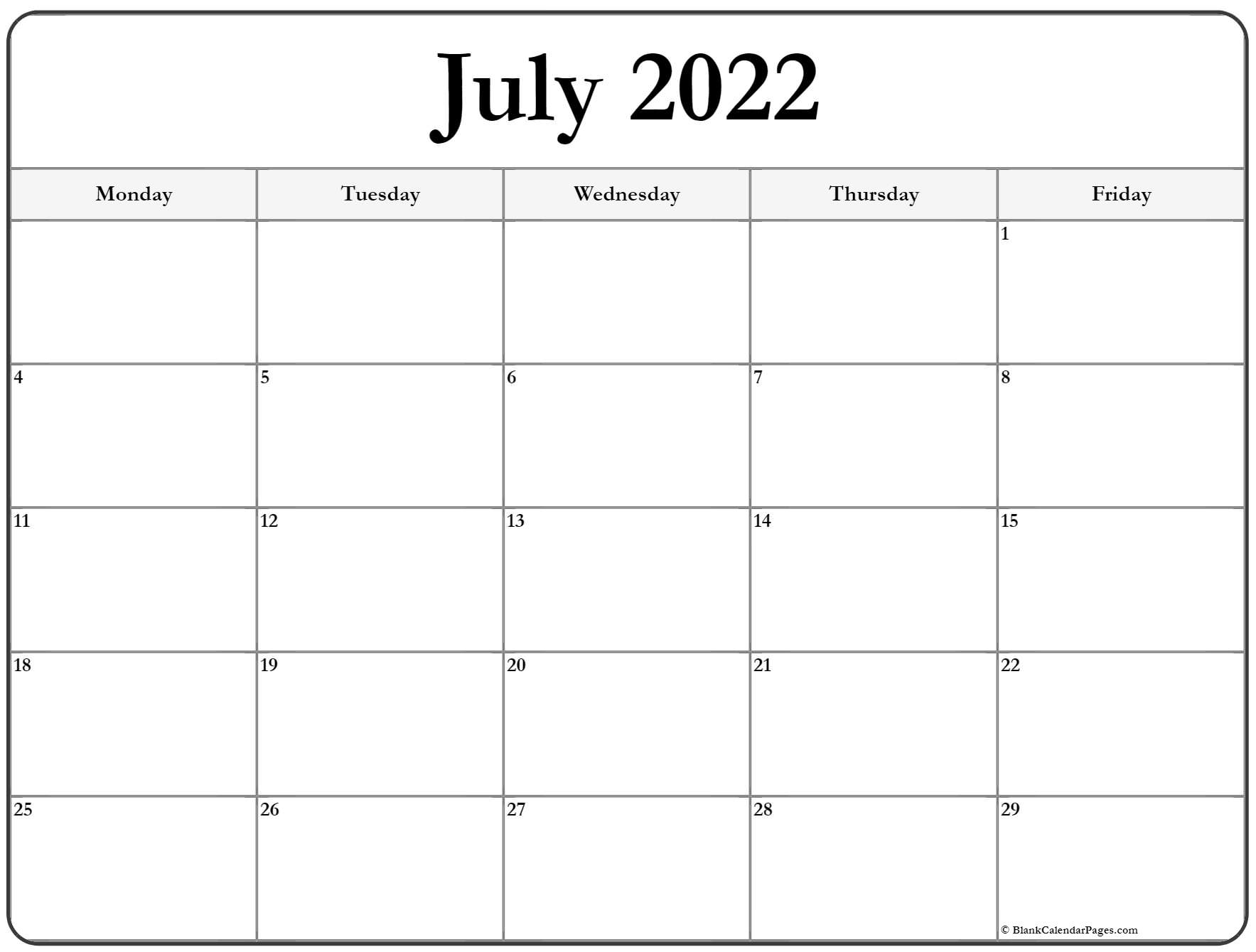 July 2022 Monday Calendar | Monday To Sunday