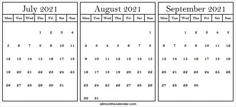 July August September 3 Month 3Rd Quarter 2021 Calendar