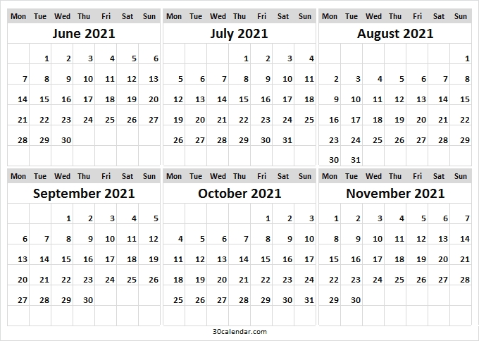 Jun To Nov 2021 Blank Calendar - June Calendar 2021 Printable