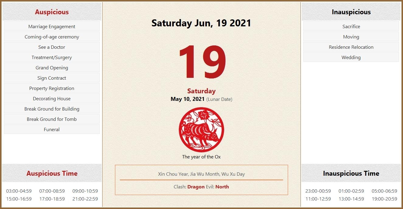June 19, 2021 Almanac Calendar: Auspicious/Inauspicious