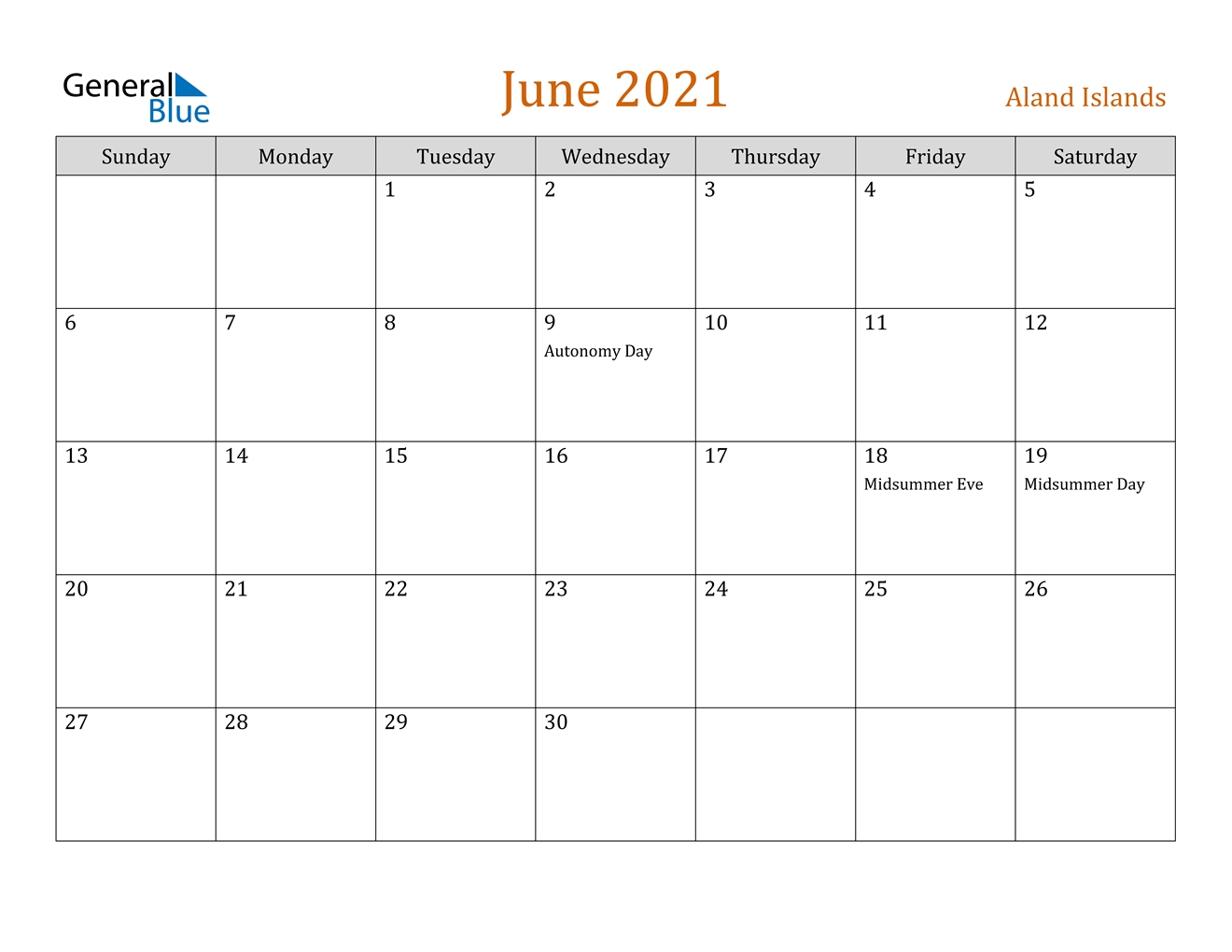 June 2021 Calendar - Aland Islands