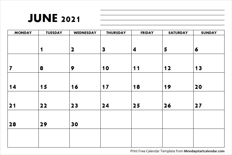 June 2021 Calendar Monday Start | June Month Template