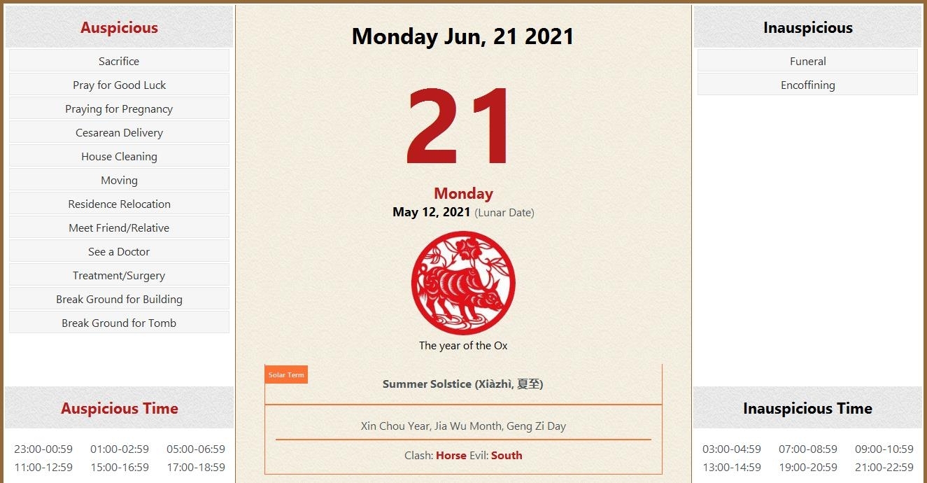 June 21, 2021 Almanac Calendar: Auspicious/Inauspicious