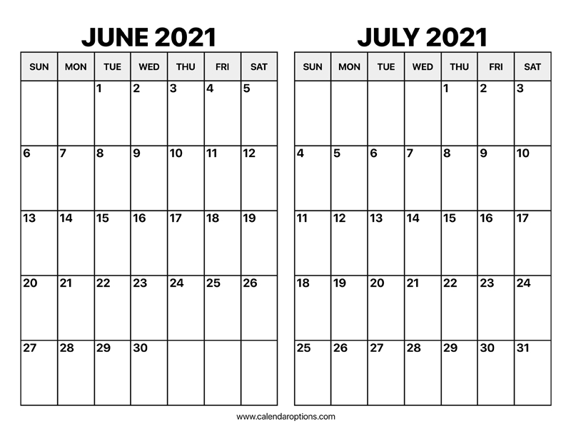 June And July 2021 Calendar - Calendar Options