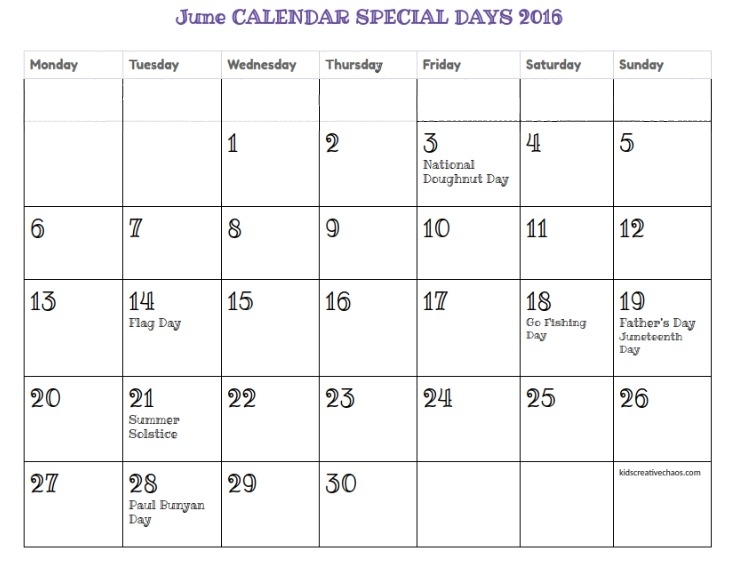 June Calendar Special Days Holidays - Kids Creative Chaos