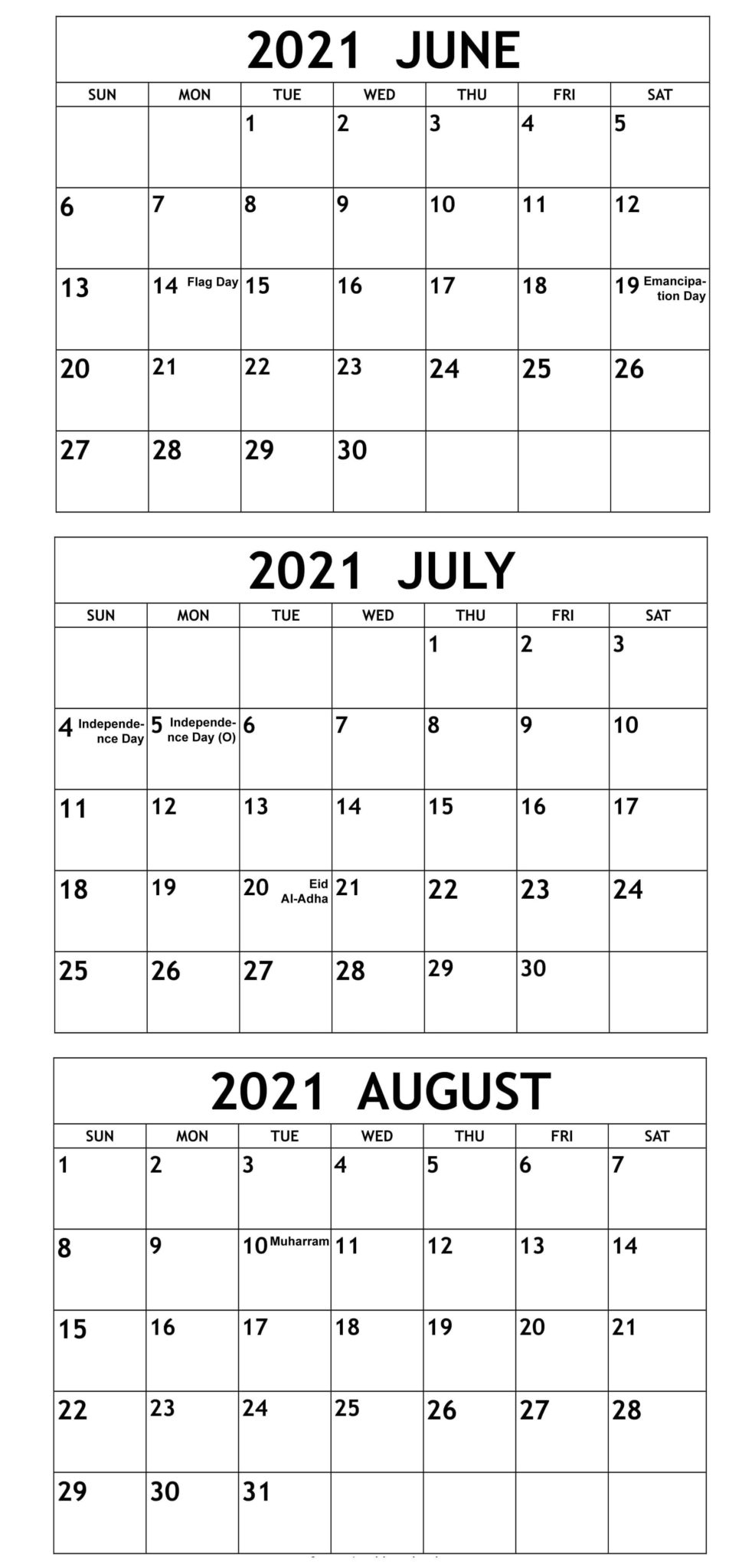 June To August 2021 Calendar Free Printable Pdf