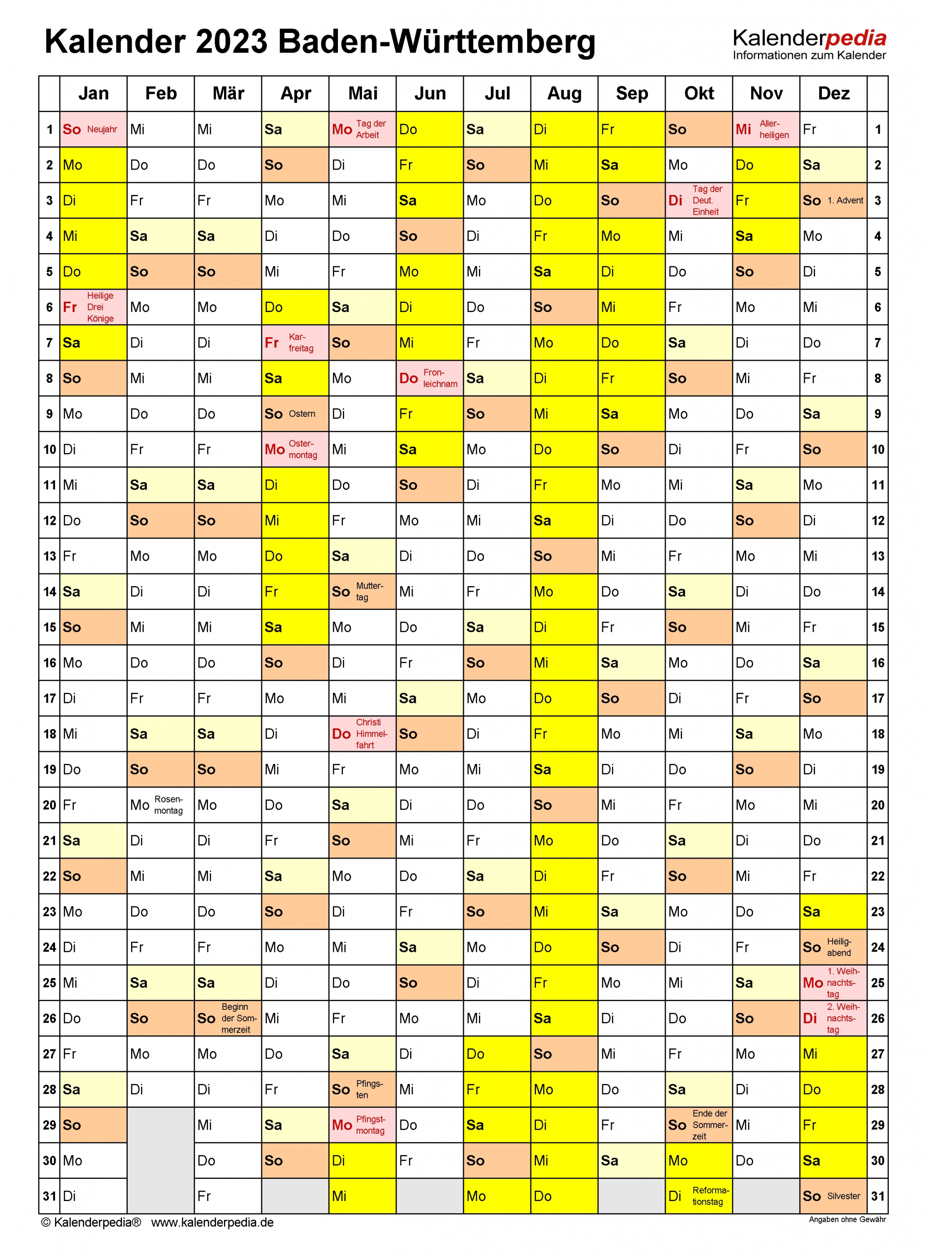 Kalender 2023 Baden-Württemberg: Ferien, Feiertage, Excel