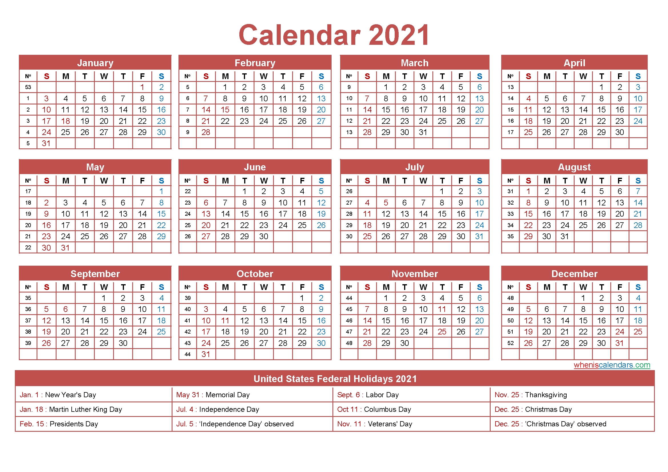 Large Desk Calendar 2021 With Holidays - Free Printable