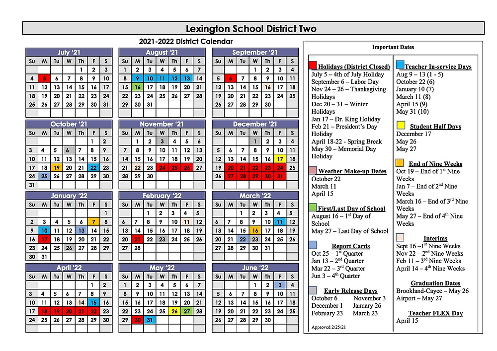 Lexington Two Releases Academic Calendar For 2021-22