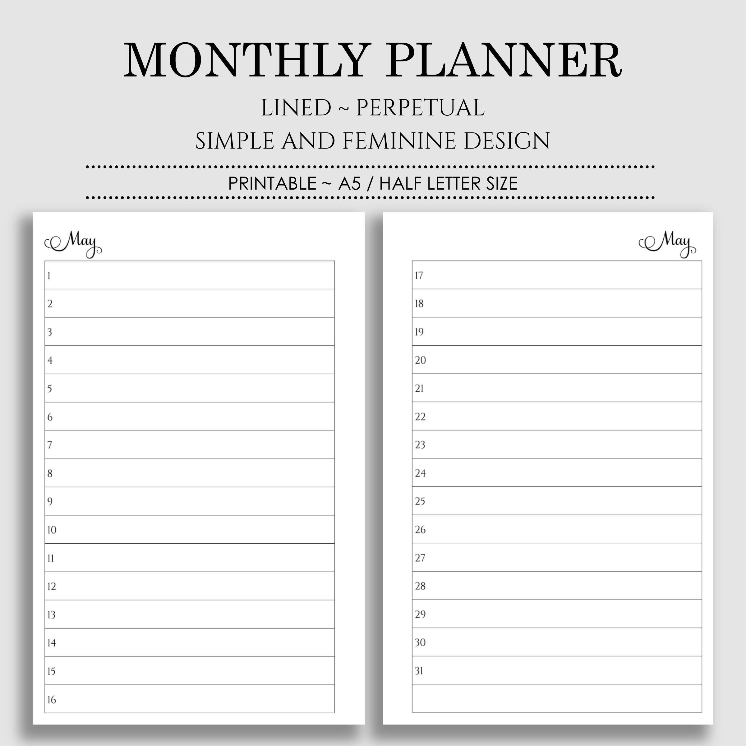 Lined Monthly Calendar Printable Planner Inserts Mo2P List