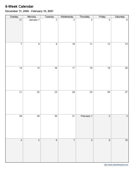 6 Week Printable Calendar Free