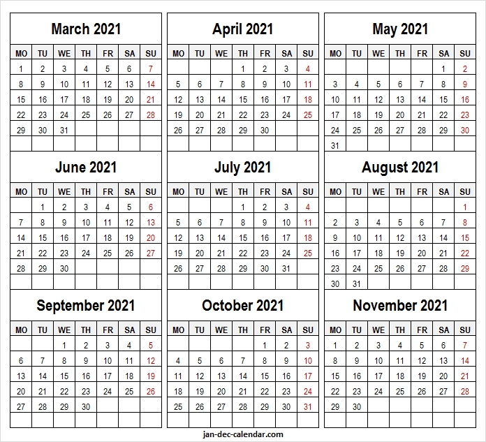 Mar To Nov 2021 Free Calendar | 2021 Printable Blank