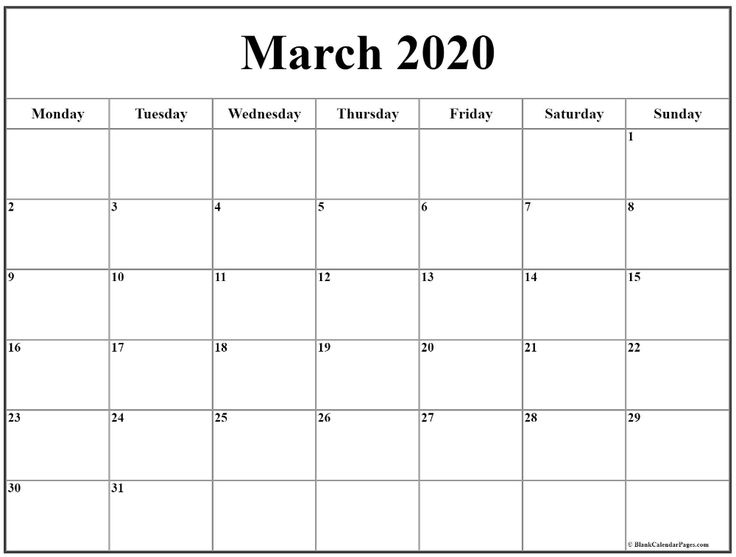 March 2020 Monday Calendar | Monday To Sunday In 2020