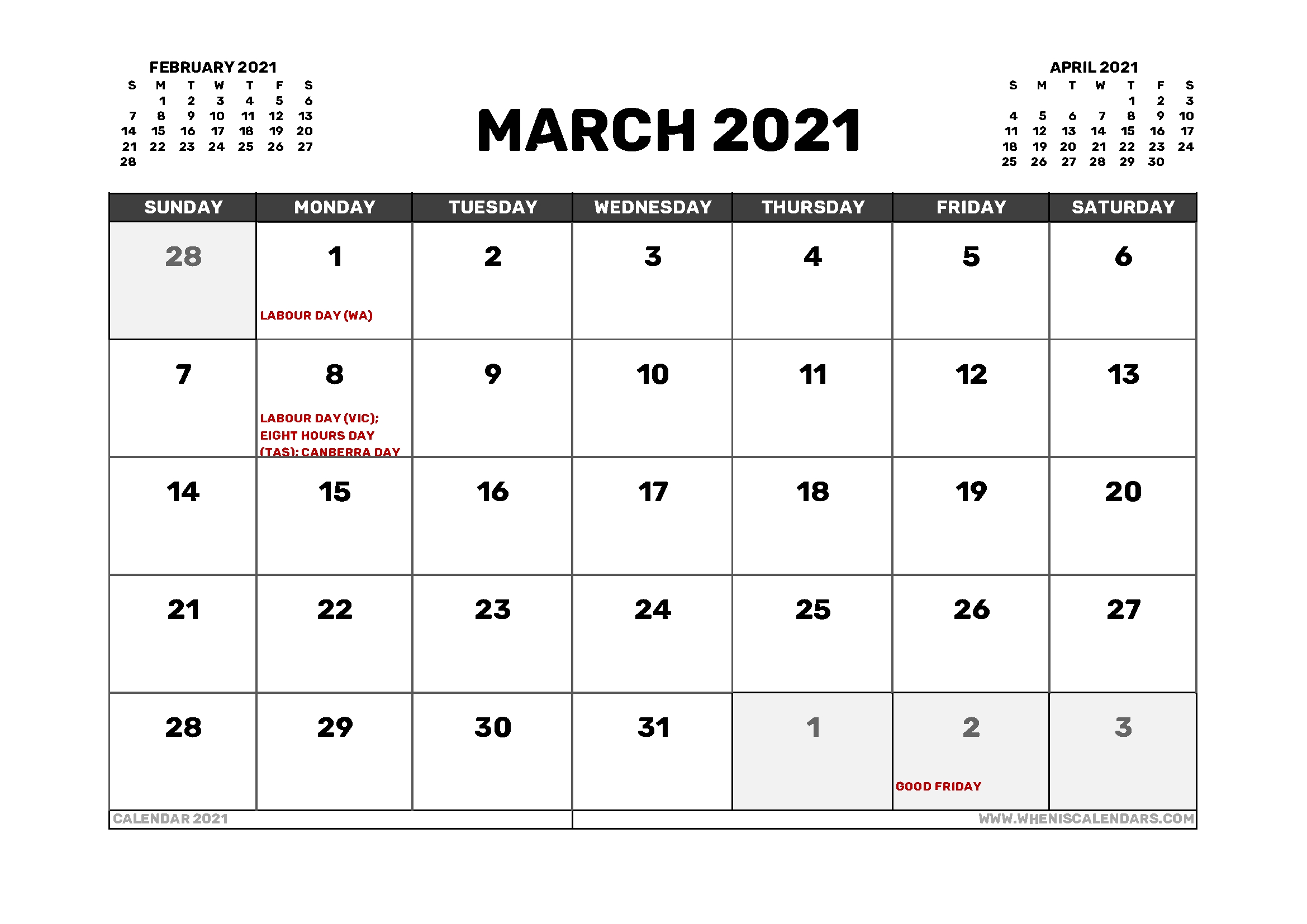 March 2021 Calendar Australia With Holidays