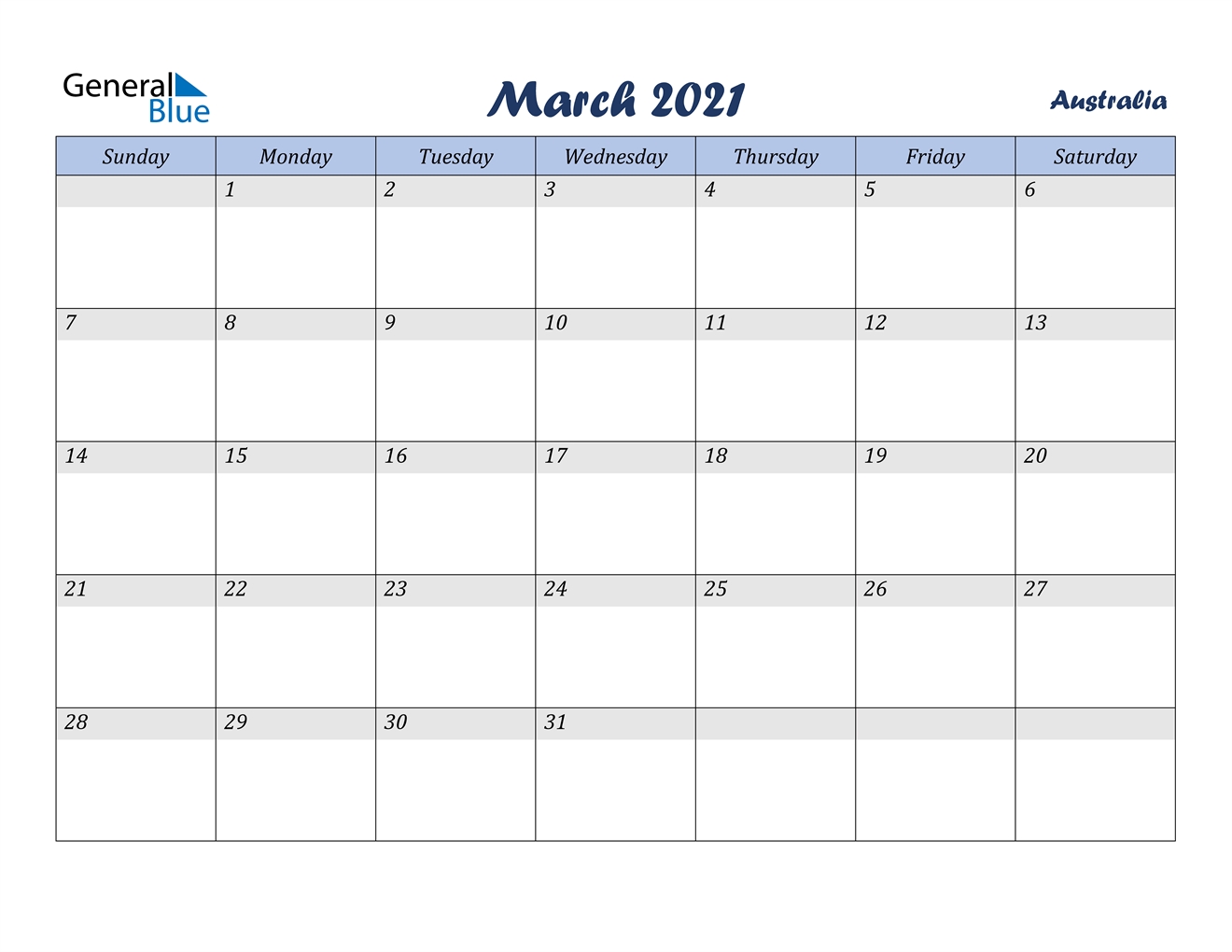 March 2021 Calendar - Australia