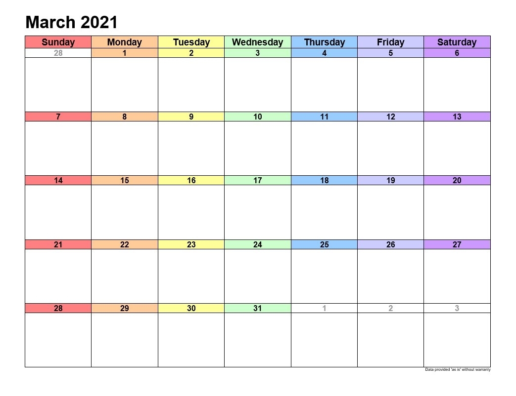 March 2021 Printable Calendars Landscape Format