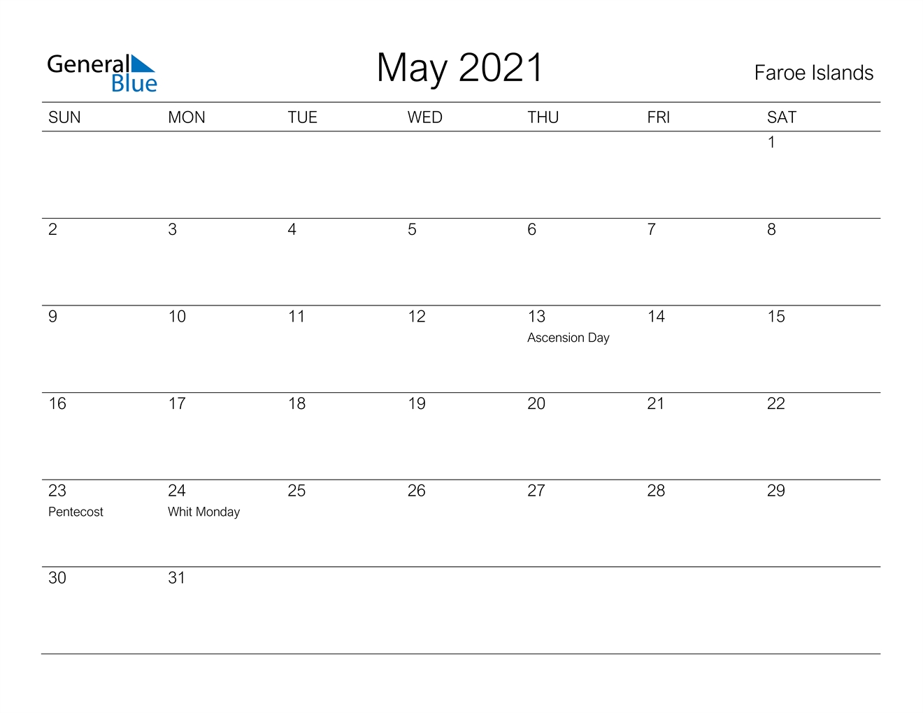 May 2021 Calendar - Faroe Islands
