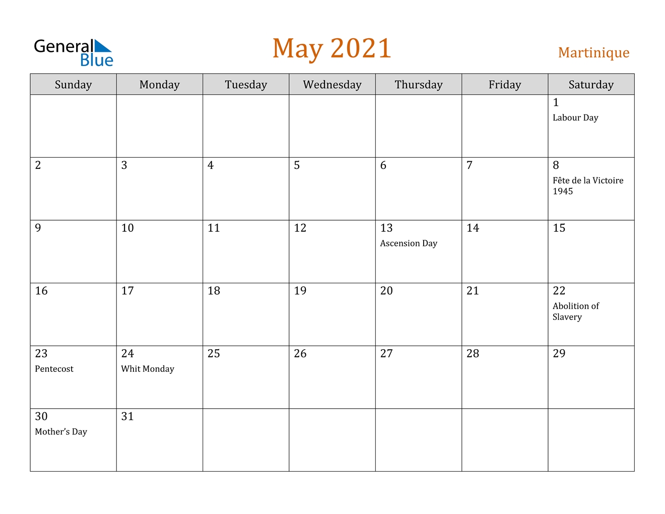 May 2021 Calendar - Martinique