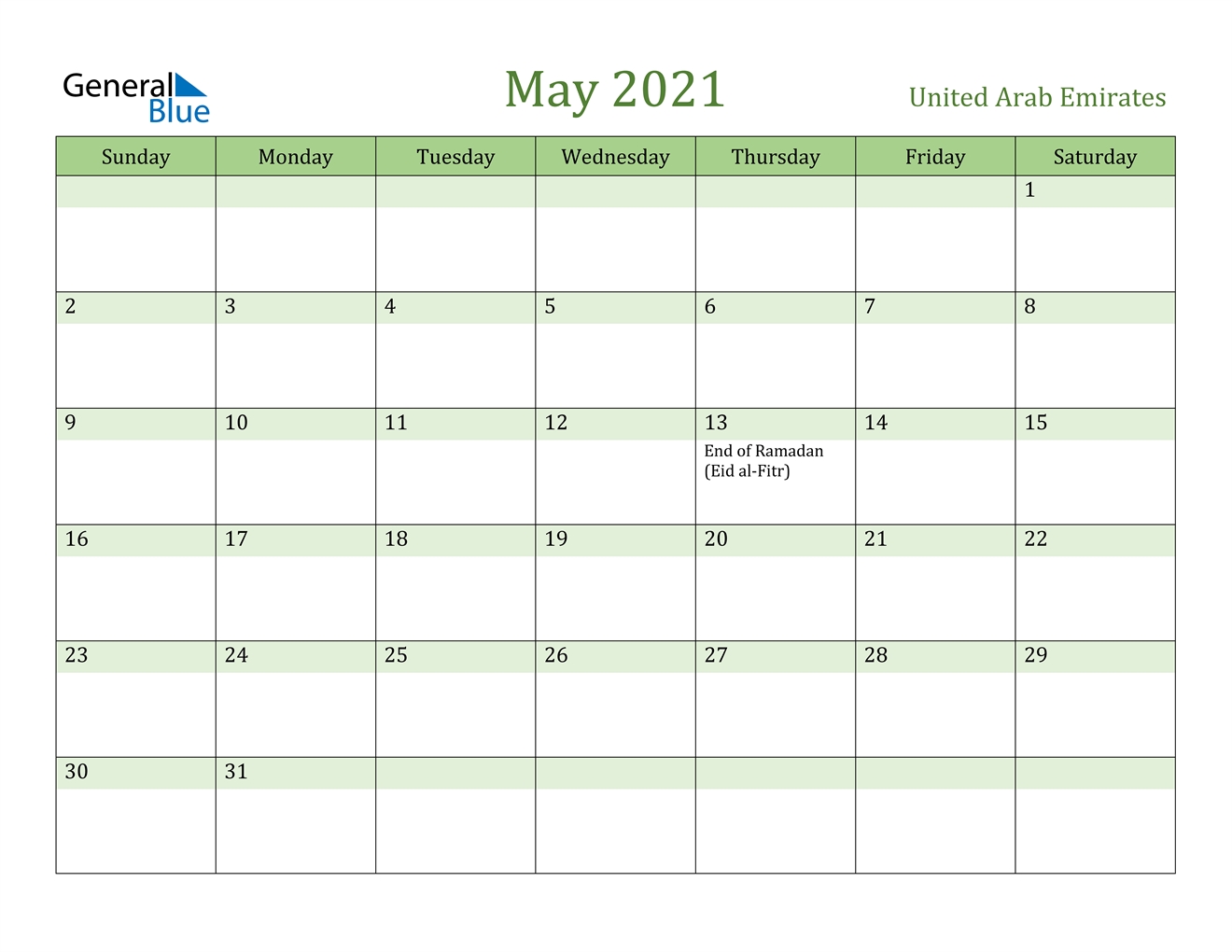 May 2021 Calendar - United Arab Emirates