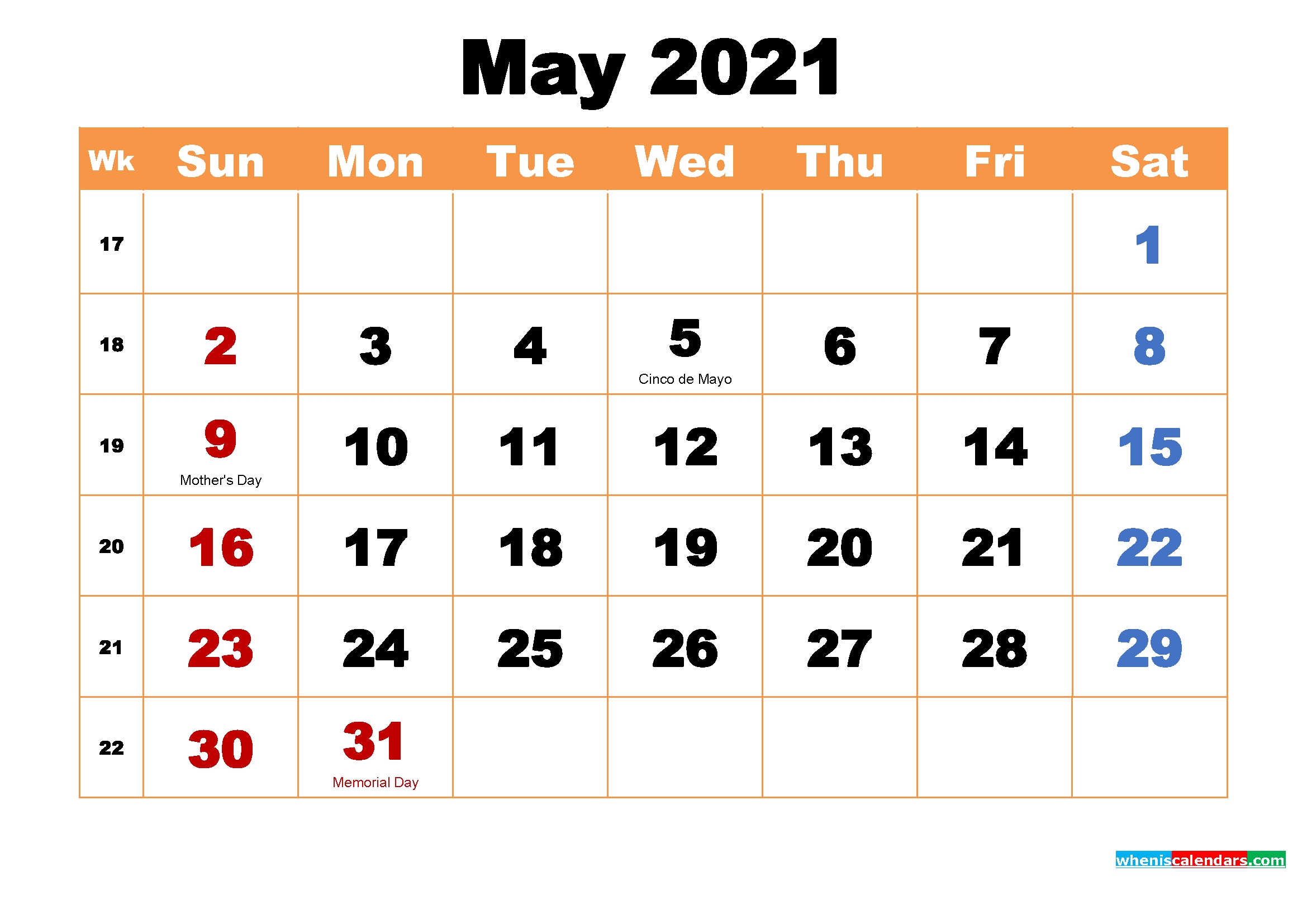 May 2021 Printable Monthly Calendar With Holidays