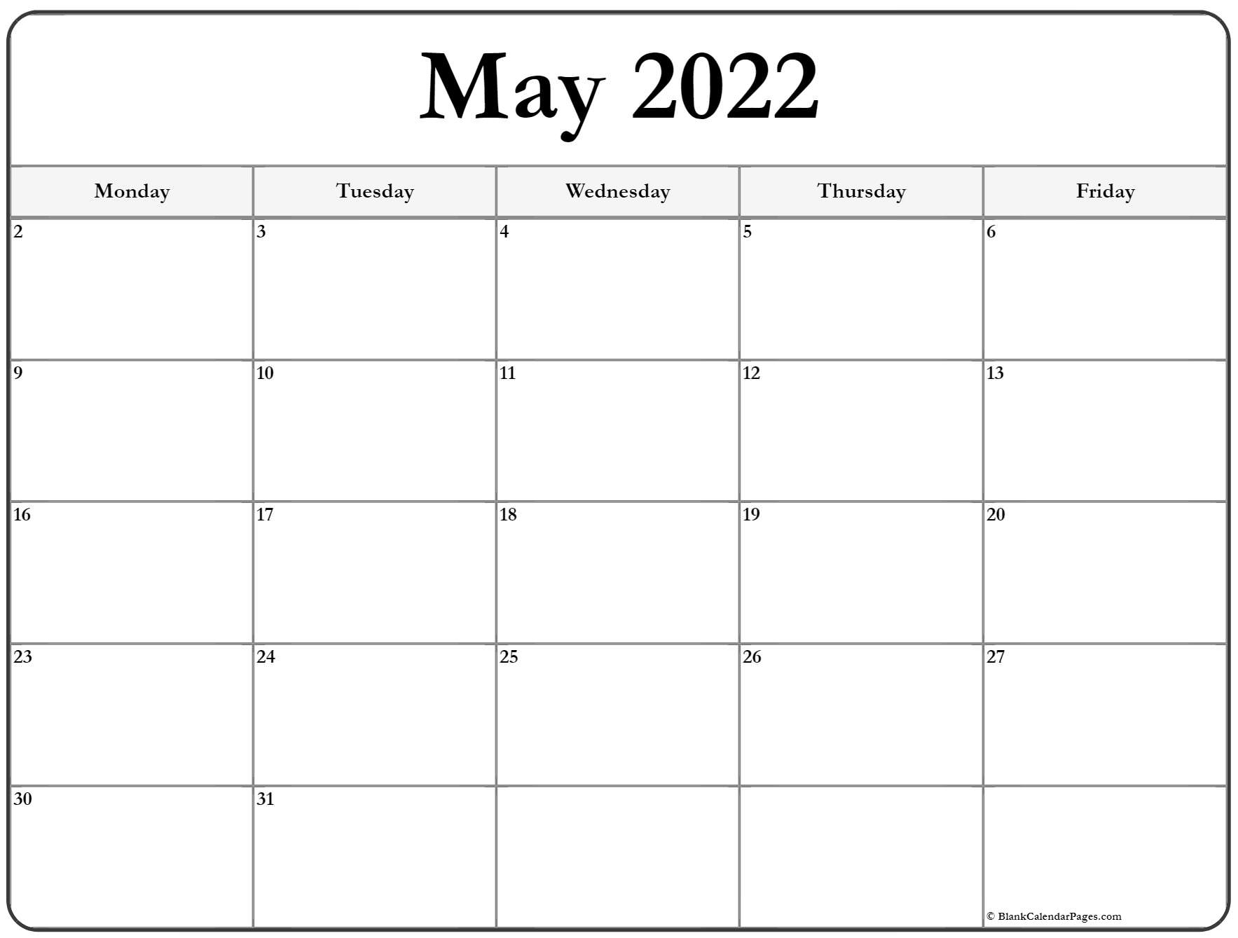 May 2022 Monday Calendar | Monday To Sunday