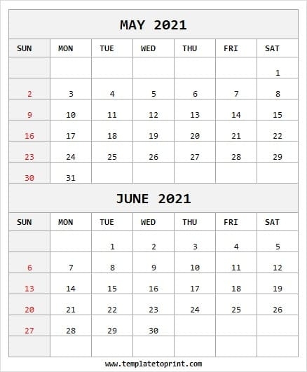 May June 2021 Printable Calendar | 2021 Editable Printable