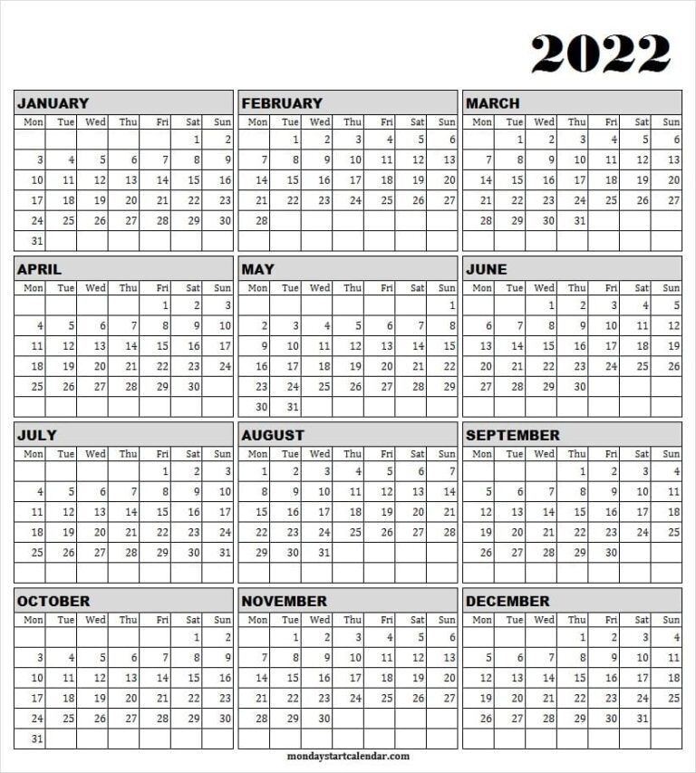 Monday Start 2022 Calendar Template Excel | Jan To Dec