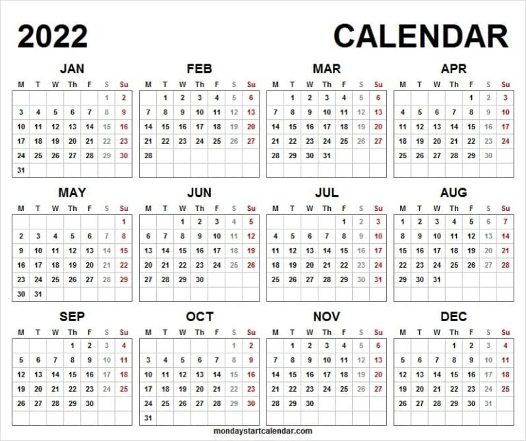 Monday Start 2022 Calendar Template | Monthly Calendar