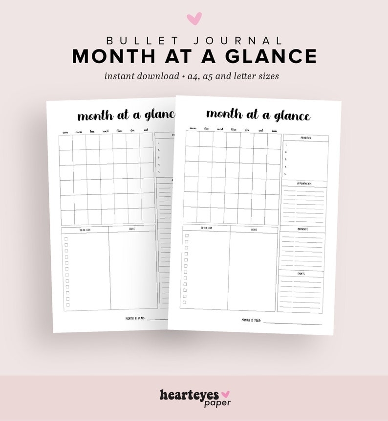 Month At A Glance Printable Bullet Journal Printable