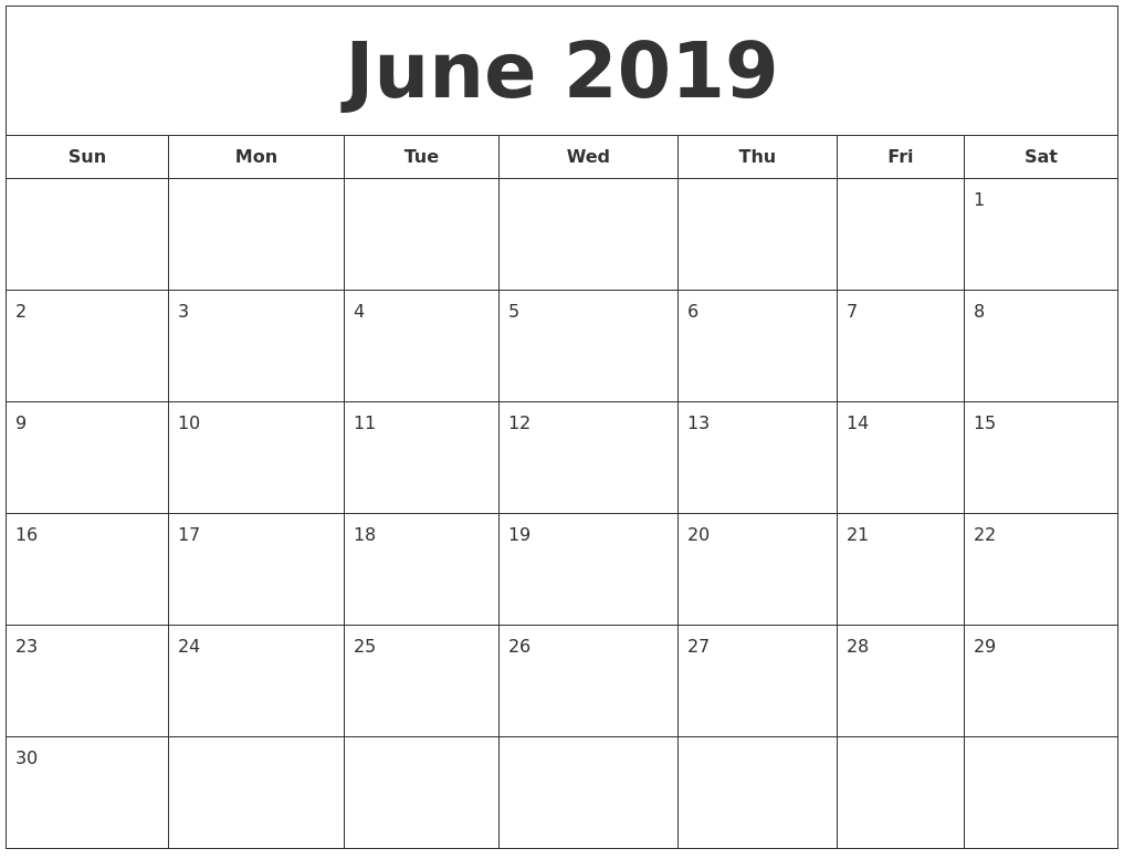 Monthly Blank Calendar June 2019 Word | Calendar