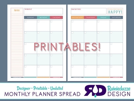 Monthly Planner Spread Designer Printable Undated