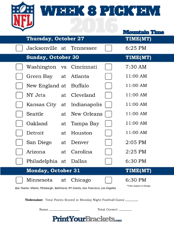 Mountain Time Week 8 Nfl Schedule 2016 - Printable