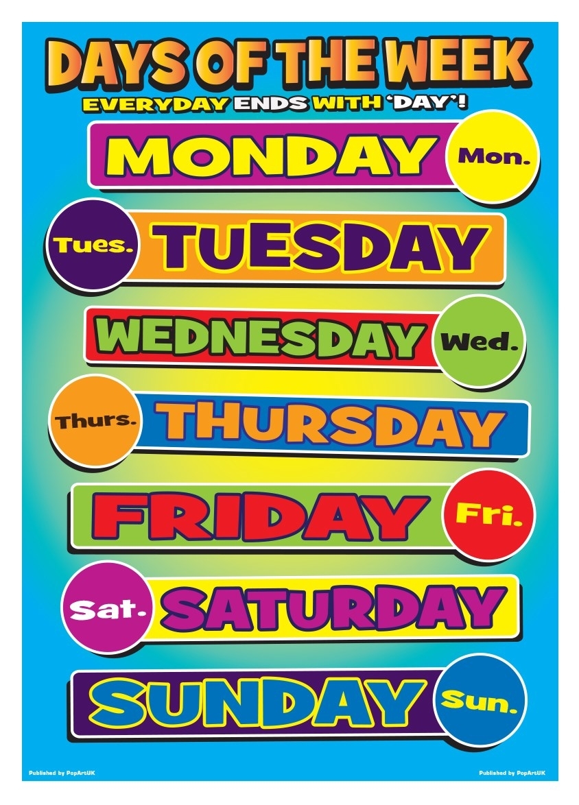 New Days Of Week Seven Days Of Learning Poster | Ebay