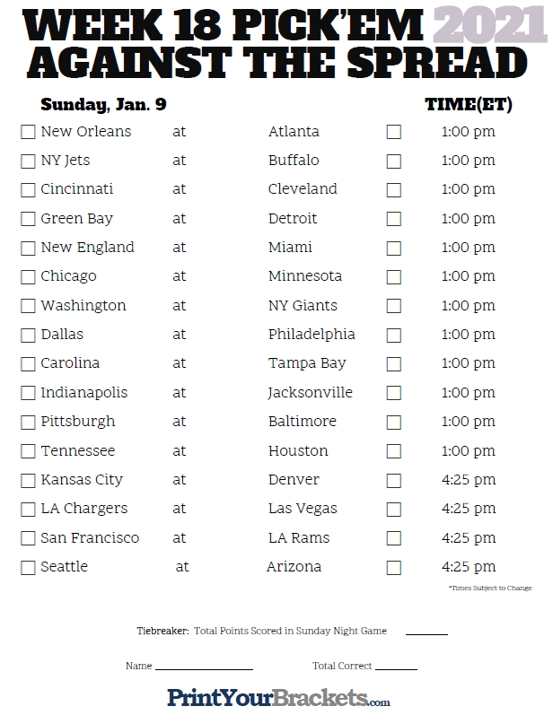 Nfl Week 18 Pick&#039;Em Against The Spread Sheets - Printable