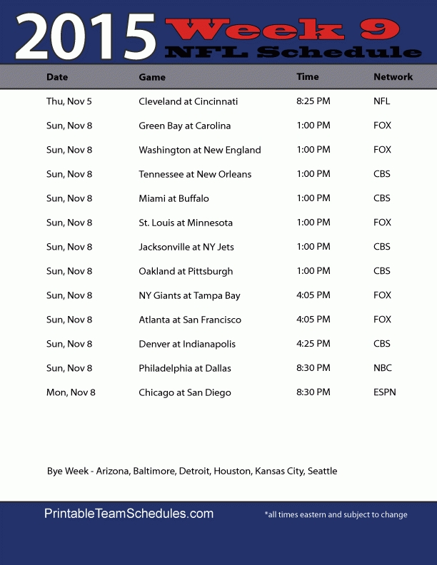 Nfl Week 9 Printable | Month Calendar Printable