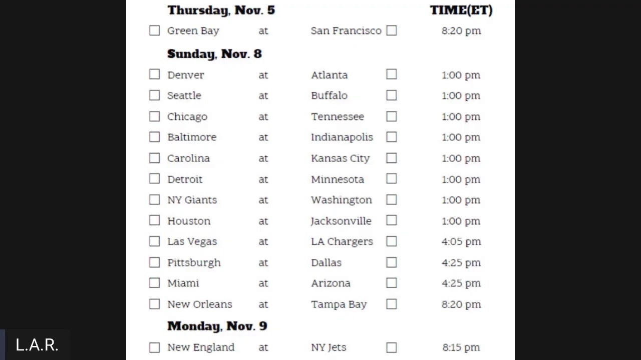 Week 9 Printable Nfl Schedule