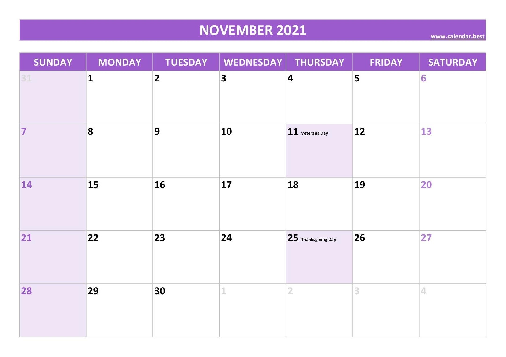November 2021 Calendar -Calendar.best