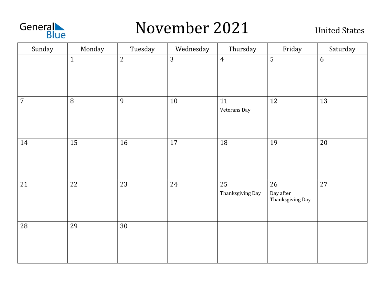 November 2021 Calendar With Holidays | 2021 Printable