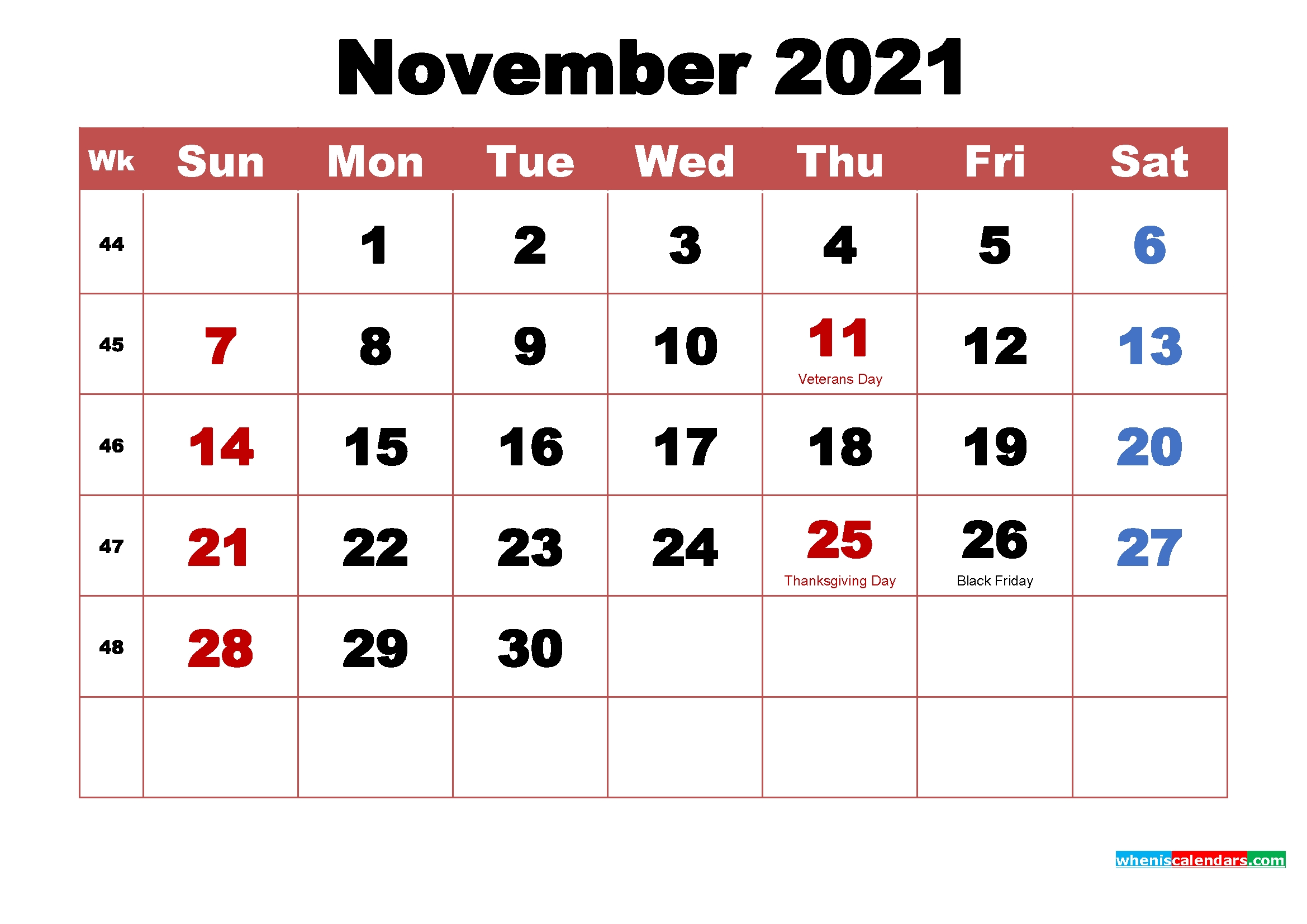 November 2021 Calendar With Holidays | 2021 Printable