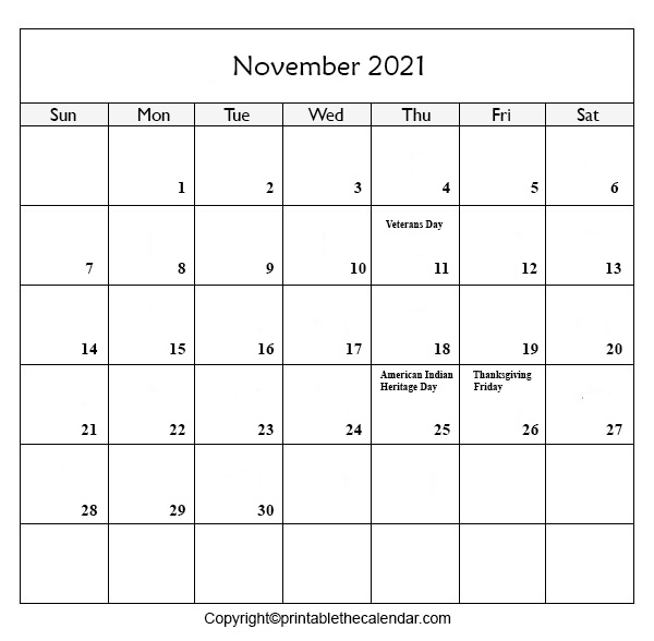 November 2021 Holiday Calendar | Printable The Calendar