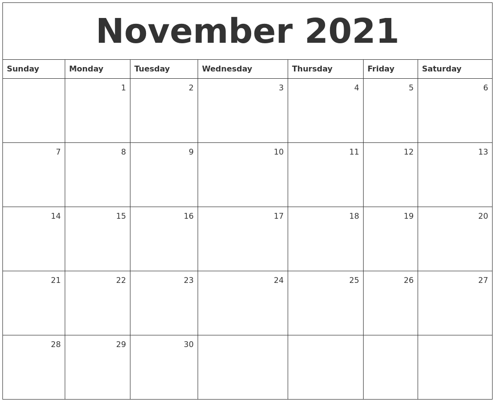 November 2021 Monthly Calendar