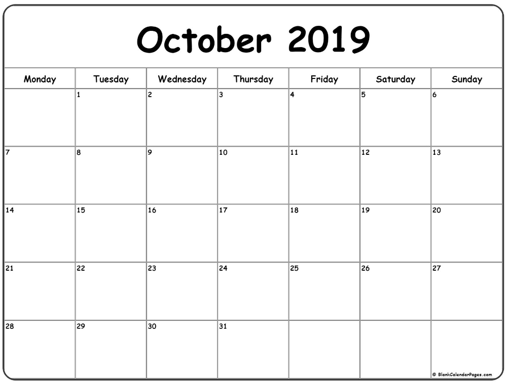 October 2019 Monday Calendar | Monday To Sunday | Yearly